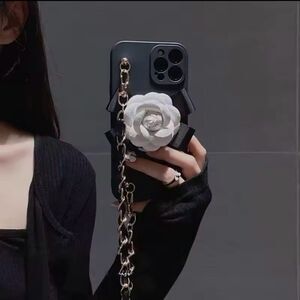 Elegant Chain Strap iPhone 15 pro max Case with White Flower Accent